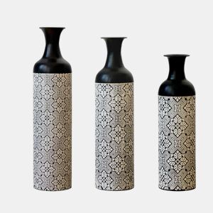 Conjunto de 3 vasos de chão em metal - design geométrico, altos para flores secas e ervas da pampa, decoração vintage - preto e branco