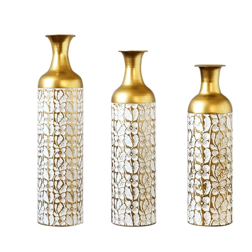 Conjunto de 3 vasos de chão 506685 cm - Decorativos em metal com padrão floral para a sala, interior e jardim - Dourado e branco Conjunto de 3 vasos de chão 506685 cm - Decorativos em metal com padrão floral para a sala, interior e jardim - Dourado e branco
