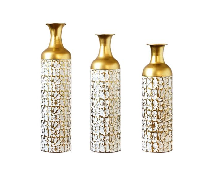 Jarrones de suelo 3 piezas 50/66/85 cm - decorativos de metal con diseño floral para salón, interior y jardín - dorado y blanco