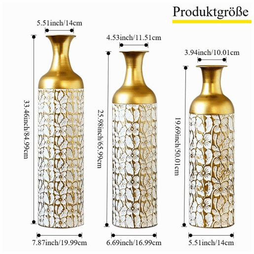 Conjunto de 3 vasos de chão 506685 cm - Decorativos em metal com padrão floral para a sala, interior e jardim - Dourado e branco Conjunto de 3 vasos de chão 506685 cm - Decorativos em metal com padrão floral para a sala, interior e jardim - Dourado e branco