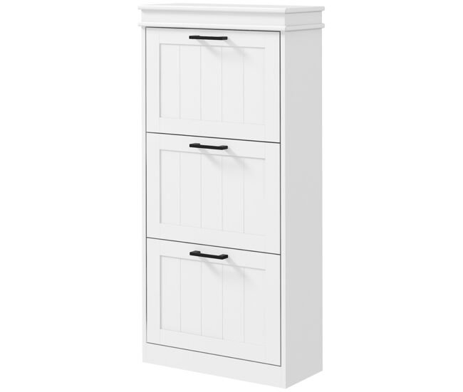 Zapatero estrecho con 3 puertas abatibles estantes ajustables para 15 pares blanco