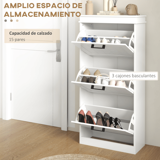 Sapateira estreita com 3 portas de abrir e prateleiras ajustáveis para 15 pares de sapatos, branca Sapateira estreita com 3 portas de abrir e prateleiras ajustáveis para 15 pares de sapatos, branca