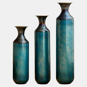 Vaso metálico decorativo em 3 tamanhos - Feito à mão com efeito de pátina, decoração para a sala de estar, hall de entrada e jardim - Azul esverdeado