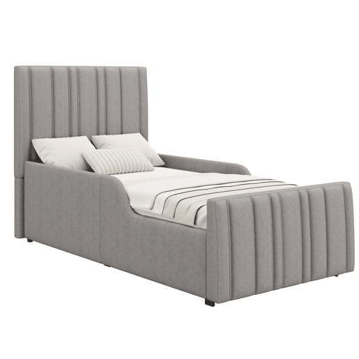 Cama estofada individual 90x200 cm - hidráulica com espaço de arrumação, cabeceira almofadada e base - cinzenta Cama estofada individual 90x200 cm - hidráulica com espaço de arrumação, cabeceira almofadada e base - cinzenta