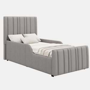 Cama estofada individual 90x200 cm - hidráulica com espaço de arrumação, cabeceira almofadada e base - cinzenta