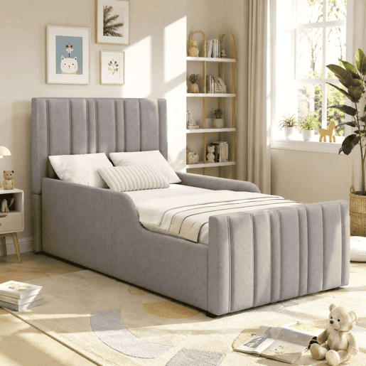 Cama estofada individual 90x200 cm - hidráulica com espaço de arrumação, cabeceira almofadada e base - cinzenta Cama estofada individual 90x200 cm - hidráulica com espaço de arrumação, cabeceira almofadada e base - cinzenta
