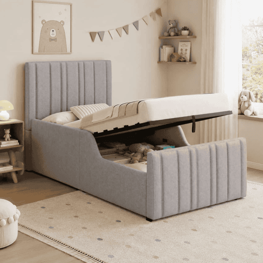 Cama estofada individual 90x200 cm - hidráulica com espaço de arrumação, cabeceira almofadada e base - cinzenta Cama estofada individual 90x200 cm - hidráulica com espaço de arrumação, cabeceira almofadada e base - cinzenta