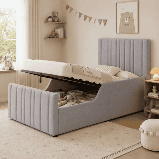 Cama estofada individual 90x200 cm - hidráulica com espaço de arrumação, cabeceira almofadada e base - cinzenta Cama estofada individual 90x200 cm - hidráulica com espaço de arrumação, cabeceira almofadada e base - cinzenta