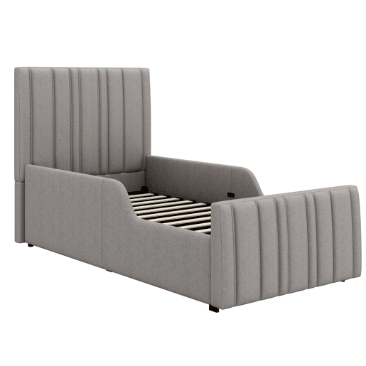 Cama estofada individual 90x200 cm - hidráulica com espaço de arrumação, cabeceira almofadada e base - cinzenta Cama estofada individual 90x200 cm - hidráulica com espaço de arrumação, cabeceira almofadada e base - cinzenta