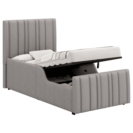 Cama estofada individual 90x200 cm - hidráulica com espaço de arrumação, cabeceira almofadada e base - cinzenta Cama estofada individual 90x200 cm - hidráulica com espaço de arrumação, cabeceira almofadada e base - cinzenta