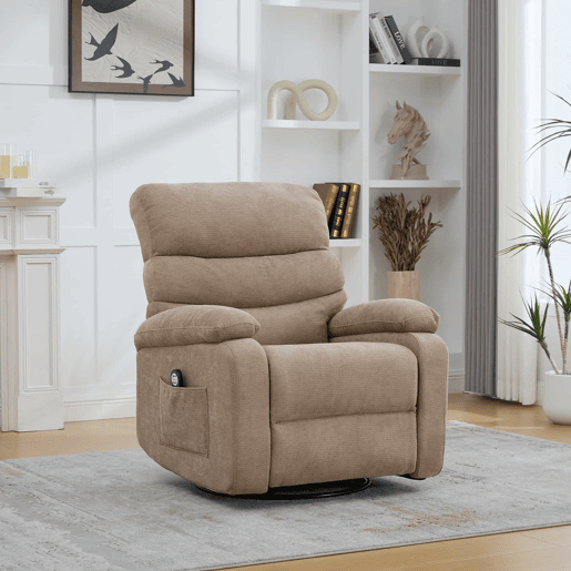 Poltrona relax elétrica de 1 lugar - giratória a 360° com função de massagem e aquecimento elétrico, encosto e apoio para os pés ajustáveis, bolsos laterais - Taupe