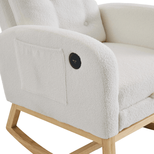 Cadeira de baloiço 66,5 x 121,5 x 102 cm - USB, tecido com padrão de ursinhos, apoio para os pés ajustável, bolsos - branca Cadeira de baloiço 66,5 x 121,5 x 102 cm - USB, tecido com padrão de ursinhos, apoio para os pés ajustável, bolsos - branca