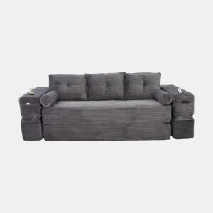 Sofá-cama de 3 lugares em veludo - encosto rebatível, espuma de alta densidade com molas, almofadas Memory, porta-copos e bolsos laterais - Cinza escuro