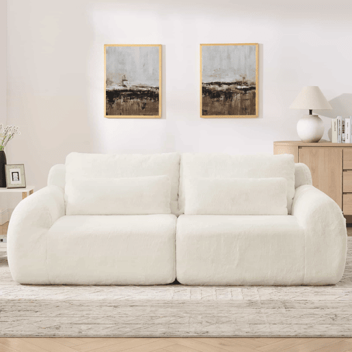 Sofá de 2 lugares - tecido felpudo macio estilo coelho, alta resiliência, porta USB, bolso lateral para revistas - Bege Sofá de 2 lugares - tecido felpudo macio estilo coelho, alta resiliência, porta USB, bolso lateral para revistas - Bege