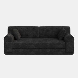 Sofá-cama de 3 lugares - sofá em veludo comprimido com encosto alto, estrutura metálica, espuma de alta densidade, porta-copos e bolsos laterais - Preto