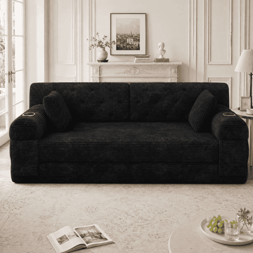 Sofá-cama de 3 lugares - sofá em veludo comprimido com encosto alto, estrutura metálica, espuma de alta densidade, porta-copos e bolsos laterais - Preto Sofá-cama de 3 lugares - sofá em veludo comprimido com encosto alto, estrutura metálica, espuma de alta densidade, porta-copos e bolsos laterais - Preto