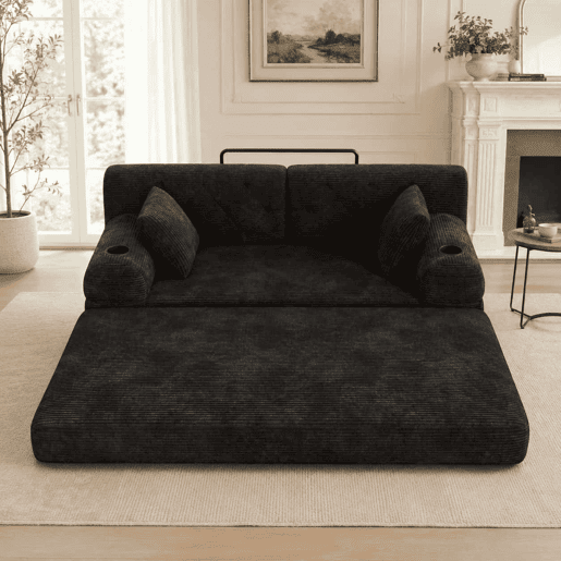 Sofá-cama de 3 lugares - sofá em veludo comprimido com encosto alto, estrutura metálica, espuma de alta densidade, porta-copos e bolsos laterais - Preto Sofá-cama de 3 lugares - sofá em veludo comprimido com encosto alto, estrutura metálica, espuma de alta densidade, porta-copos e bolsos laterais - Preto
