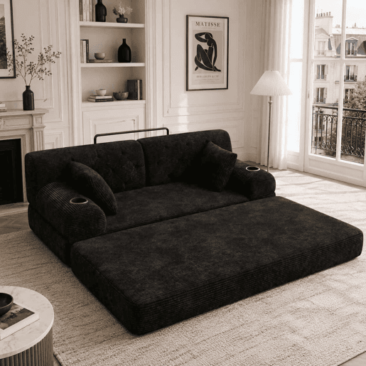 Sofá-cama de 3 lugares - sofá em veludo comprimido com encosto alto, estrutura metálica, espuma de alta densidade, porta-copos e bolsos laterais - Preto Sofá-cama de 3 lugares - sofá em veludo comprimido com encosto alto, estrutura metálica, espuma de alta densidade, porta-copos e bolsos laterais - Preto