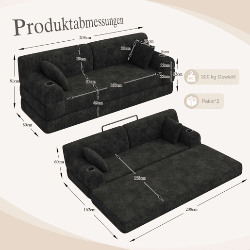 Sofá-cama de 3 lugares - sofá em veludo comprimido com encosto alto, estrutura metálica, espuma de alta densidade, porta-copos e bolsos laterais - Preto Sofá-cama de 3 lugares - sofá em veludo comprimido com encosto alto, estrutura metálica, espuma de alta densidade, porta-copos e bolsos laterais - Preto
