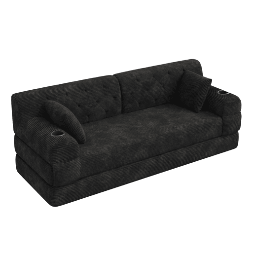Sofá-cama de 3 lugares - sofá em veludo comprimido com encosto alto, estrutura metálica, espuma de alta densidade, porta-copos e bolsos laterais - Preto Sofá-cama de 3 lugares - sofá em veludo comprimido com encosto alto, estrutura metálica, espuma de alta densidade, porta-copos e bolsos laterais - Preto