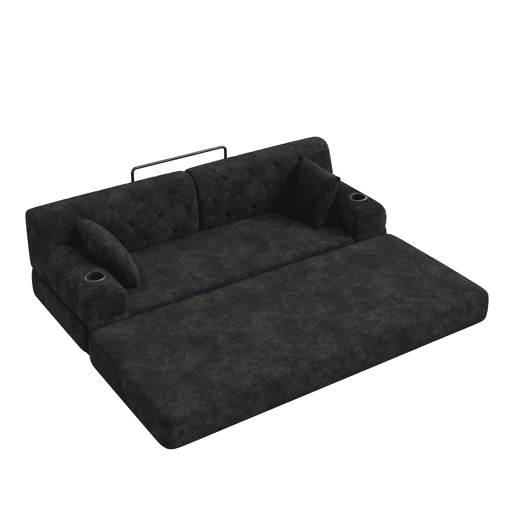 Sofá-cama de 3 lugares - sofá em veludo comprimido com encosto alto, estrutura metálica, espuma de alta densidade, porta-copos e bolsos laterais - Preto Sofá-cama de 3 lugares - sofá em veludo comprimido com encosto alto, estrutura metálica, espuma de alta densidade, porta-copos e bolsos laterais - Preto