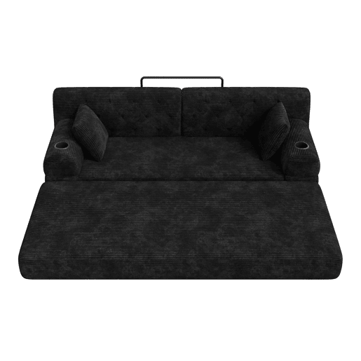 Sofá-cama de 3 lugares - sofá em veludo comprimido com encosto alto, estrutura metálica, espuma de alta densidade, porta-copos e bolsos laterais - Preto Sofá-cama de 3 lugares - sofá em veludo comprimido com encosto alto, estrutura metálica, espuma de alta densidade, porta-copos e bolsos laterais - Preto