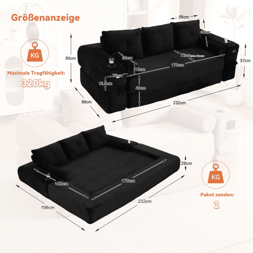 Sofá-cama de 3 lugares - em veludo, com espuma de alta densidade, núcleo de molas, almofadas Memory, bolsos e suportes para copos - Preto Sofá-cama de 3 lugares - em veludo, com espuma de alta densidade, núcleo de molas, almofadas Memory, bolsos e suportes para copos - Preto