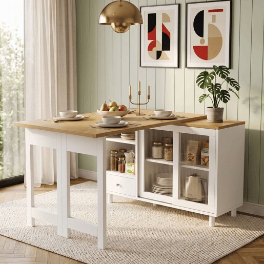 Mesa de jantar extensível e dobrável u2014 com amplo espaço de arrumação, painel de porta em vidro, giratória a 360° e design moderno u2014 Natural e Branco