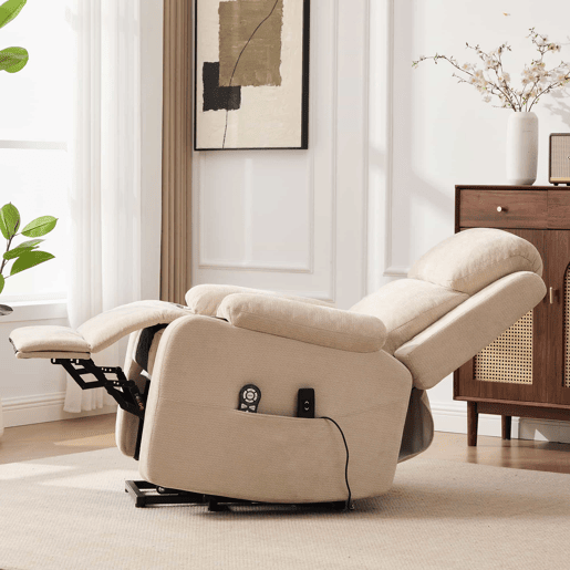 Poltrona relaxante elétrica com função de levantamento - Massagem, aquecimento, encosto e apoio para os pés reclináveis, bolsos laterais e porta-copos - Castanho-claro Poltrona relaxante elétrica com função de levantamento - Massagem, aquecimento, encosto e apoio para os pés reclináveis, bolsos laterais e porta-copos - Castanho-claro