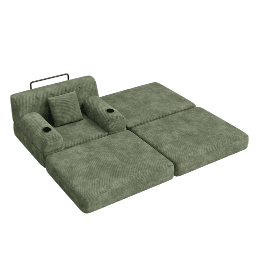 Sofá-cama individual de 1 lugar - reclinável, em veludo, com encosto alto, estrutura metálica, espuma de alta densidade, porta-copos e bolsos laterais - Verde Sofá-cama individual de 1 lugar - reclinável, em veludo, com encosto alto, estrutura metálica, espuma de alta densidade, porta-copos e bolsos laterais - Verde