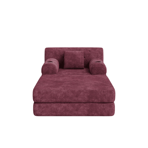 Sofá-cama individual de 1 lugar com pufe - encosto alto, função reclinável, estrutura metálica, espuma de alta densidade, bolsos laterais e porta-copos - vermelho vinho