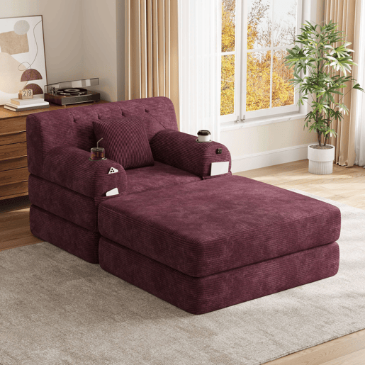 Sofá-cama individual de 1 lugar com pufe - encosto alto, função reclinável, estrutura metálica, espuma de alta densidade, bolsos laterais e porta-copos - vermelho vinho