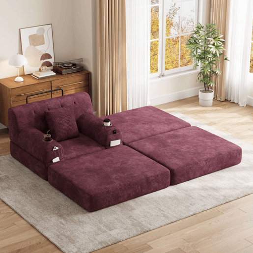 Sofá-cama individual de 1 lugar com pufe - encosto alto, função reclinável, estrutura metálica, espuma de alta densidade, bolsos laterais e porta-copos - vermelho vinho