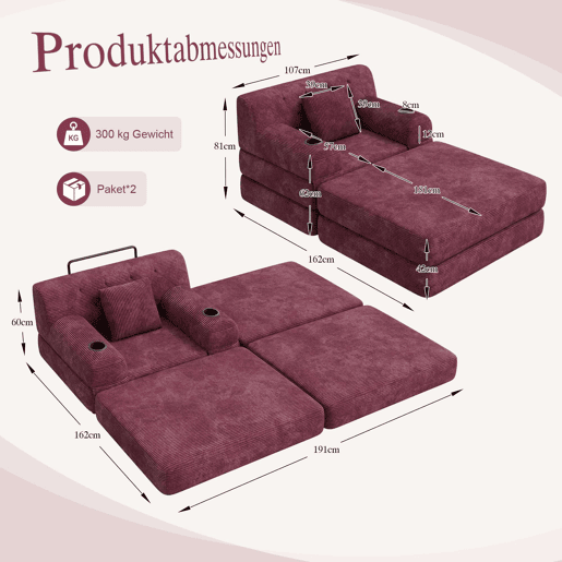 Sofá-cama individual de 1 lugar com pufe - encosto alto, função reclinável, estrutura metálica, espuma de alta densidade, bolsos laterais e porta-copos - vermelho vinho