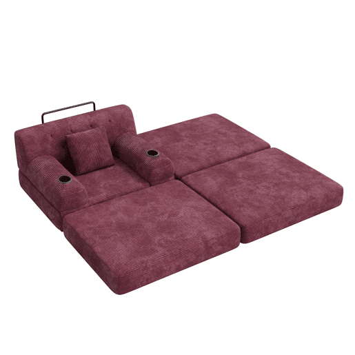 Sofá-cama individual de 1 lugar com pufe - encosto alto, função reclinável, estrutura metálica, espuma de alta densidade, bolsos laterais e porta-copos - vermelho vinho