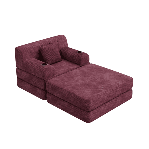 Sofá-cama individual de 1 lugar com pufe - encosto alto, função reclinável, estrutura metálica, espuma de alta densidade, bolsos laterais e porta-copos - vermelho vinho