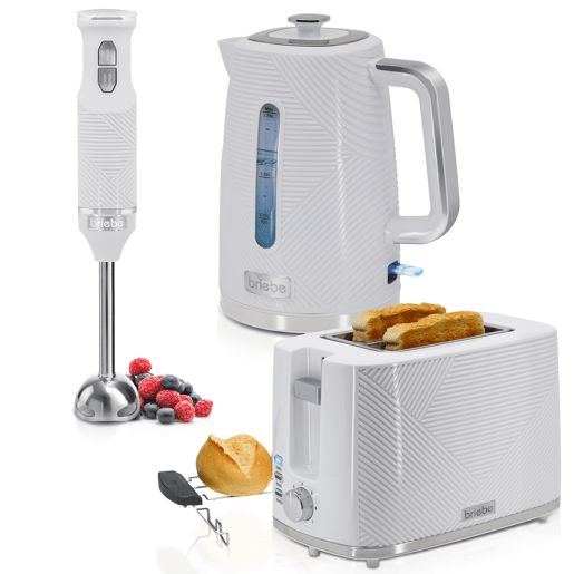 Briebe SKT1186WHT Elegance Conjunto de Torradeira de Pão 2 Fatias Largas+ Chaleira Elétrica 1,7L sem BPA + Varinha 2 Velocidades, 2200, Branco