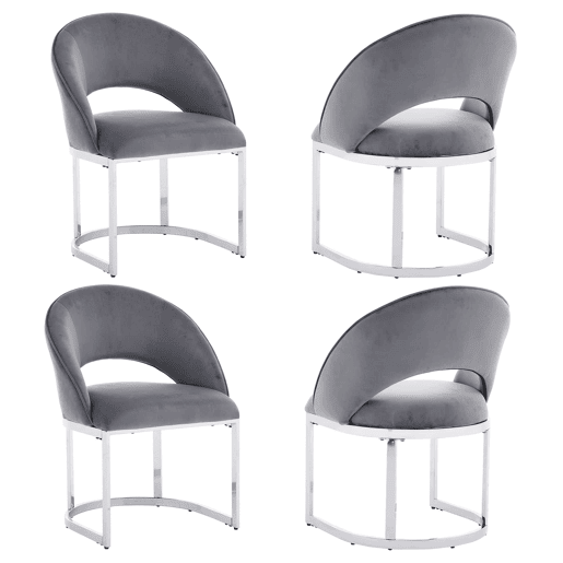 4 cadeiras de jantar u2014 confortáveis e respiráveis, estilo moderno, pernas prateadas galvanizadas, estofadas em veludo u2014 cinzento e prateado