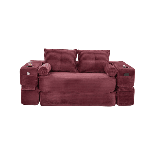 Sofá-cama de 2 lugares - em veludo, com espuma de alta densidade, núcleo de molas, almofadas Memory, porta-copos e bolsos laterais - Vermelho vinho Sofá-cama de 2 lugares - em veludo, com espuma de alta densidade, núcleo de molas, almofadas Memory, porta-copos e bolsos laterais - Vermelho vinho