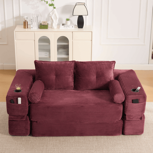 Sofá-cama de 2 lugares - em veludo, com espuma de alta densidade, núcleo de molas, almofadas Memory, porta-copos e bolsos laterais - Vermelho vinho Sofá-cama de 2 lugares - em veludo, com espuma de alta densidade, núcleo de molas, almofadas Memory, porta-copos e bolsos laterais - Vermelho vinho