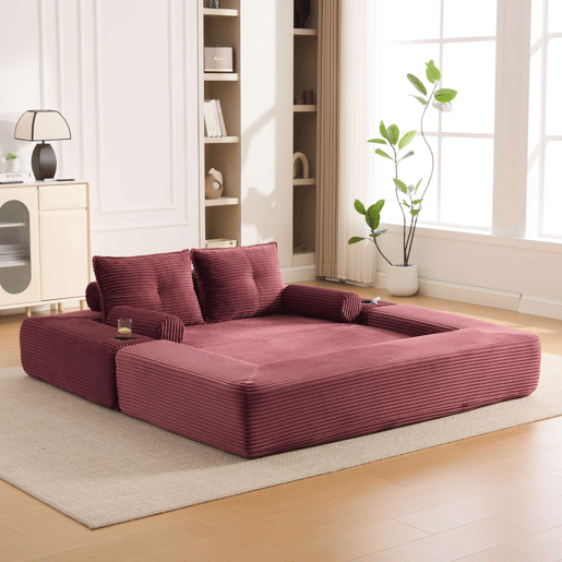 Sofá-cama de 2 lugares - em veludo, com espuma de alta densidade, núcleo de molas, almofadas Memory, porta-copos e bolsos laterais - Vermelho vinho Sofá-cama de 2 lugares - em veludo, com espuma de alta densidade, núcleo de molas, almofadas Memory, porta-copos e bolsos laterais - Vermelho vinho