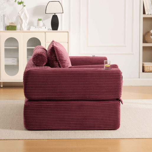 Sofá-cama de 2 lugares - em veludo, com espuma de alta densidade, núcleo de molas, almofadas Memory, porta-copos e bolsos laterais - Vermelho vinho Sofá-cama de 2 lugares - em veludo, com espuma de alta densidade, núcleo de molas, almofadas Memory, porta-copos e bolsos laterais - Vermelho vinho