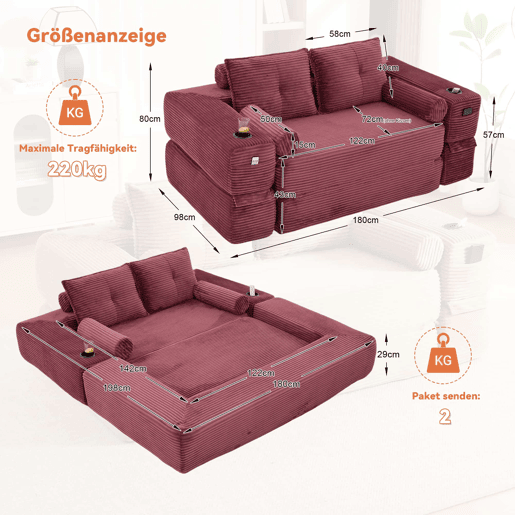 Sofá-cama de 2 lugares - em veludo, com espuma de alta densidade, núcleo de molas, almofadas Memory, porta-copos e bolsos laterais - Vermelho vinho Sofá-cama de 2 lugares - em veludo, com espuma de alta densidade, núcleo de molas, almofadas Memory, porta-copos e bolsos laterais - Vermelho vinho