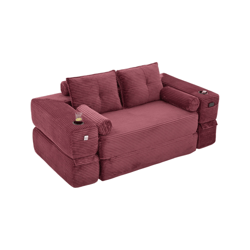 Sofá-cama de 2 lugares - em veludo, com espuma de alta densidade, núcleo de molas, almofadas Memory, porta-copos e bolsos laterais - Vermelho vinho Sofá-cama de 2 lugares - em veludo, com espuma de alta densidade, núcleo de molas, almofadas Memory, porta-copos e bolsos laterais - Vermelho vinho