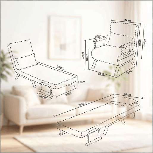 Poltrona-cama 65x75x78 cm - reclinável, transformável e extensível, com encosto ajustável para ver televisão - Preto