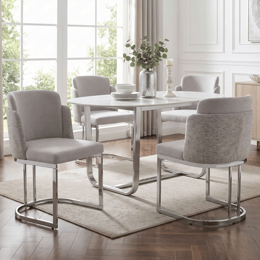 4 cadeiras de jantar u2014 confortáveis e respiráveis, de estilo moderno, com pernas galvanizadas prateadas e tecido de chenille u2014 cinzento claro e prateado 4 cadeiras de jantar u2014 confortáveis e respiráveis, de estilo moderno, com pernas galvanizadas prateadas e tecido de chenille u2014 cinzento claro e prateado