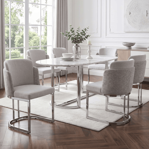 4 cadeiras de jantar u2014 confortáveis e respiráveis, de estilo moderno, com pernas galvanizadas prateadas e tecido de chenille u2014 cinzento claro e prateado 4 cadeiras de jantar u2014 confortáveis e respiráveis, de estilo moderno, com pernas galvanizadas prateadas e tecido de chenille u2014 cinzento claro e prateado