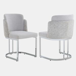 2 cadeiras de jantar u2014 confortáveis e respiráveis, de estilo moderno, com pernas galvanizadas e estofo em chenille u2014 cinzento claro e prateado