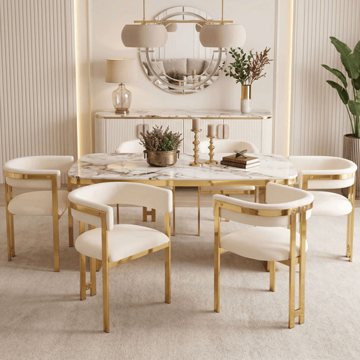 6 cadeiras de jantar u2014 modernas, confortáveis, estofadas em chenille com pés metálicos dourados u2014 bege e dourado 6 cadeiras de jantar u2014 modernas, confortáveis, estofadas em chenille com pés metálicos dourados u2014 bege e dourado