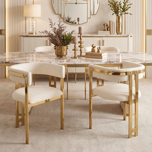 6 cadeiras de jantar u2014 modernas, confortáveis, estofadas em chenille com pés metálicos dourados u2014 bege e dourado 6 cadeiras de jantar u2014 modernas, confortáveis, estofadas em chenille com pés metálicos dourados u2014 bege e dourado